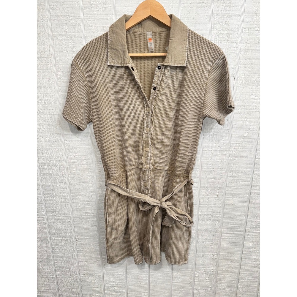 Mono B Waffle Knit Romper Womens Tan Mineral Wash Button Front Tie Waist Small